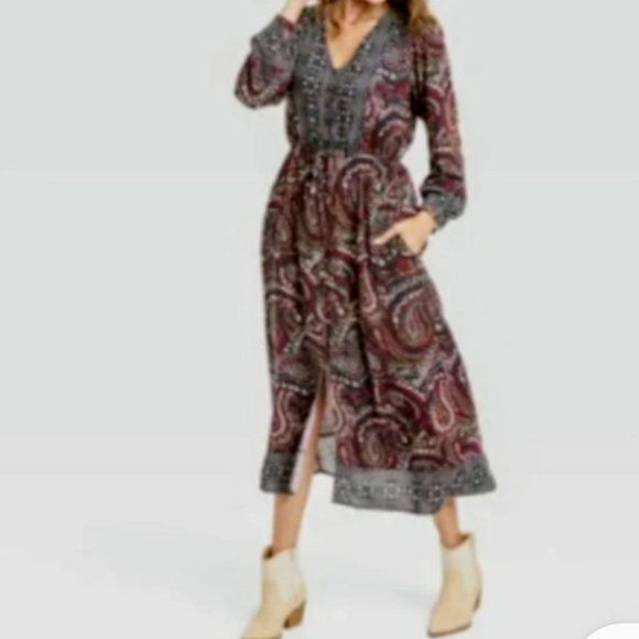 Knox Rose Maxi Dress Long Sleeve Button Front Boho Night Sky Sz Medium Burgundy - Picture 6 of 15